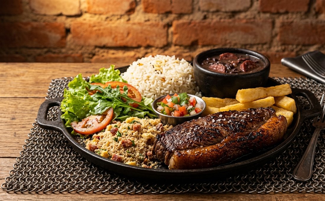 Contra-filé com arroz, farofa e mandioca frita
