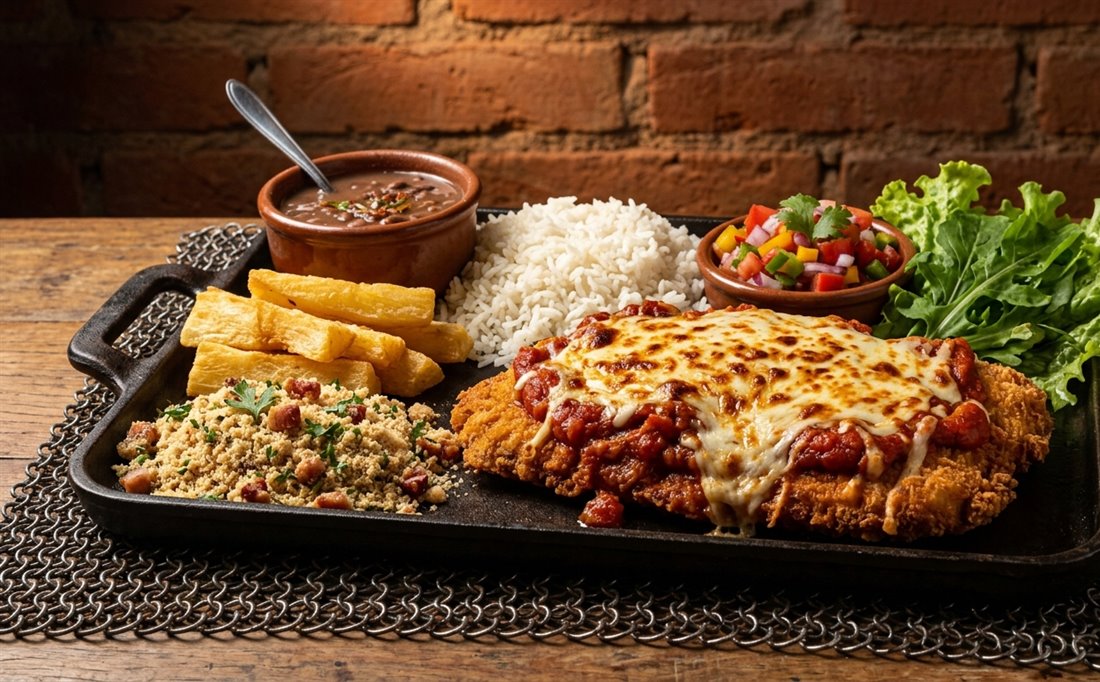 Frango à parmegiana com arroz e feijão